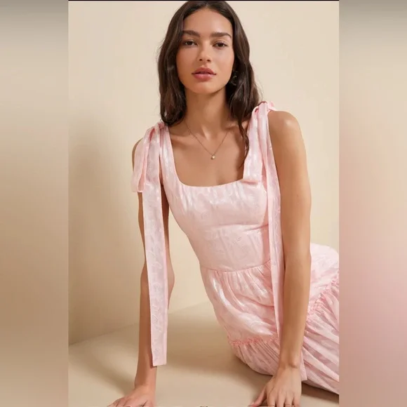 New Lulus Picturesque Allure Blush Pink Jacquard Tie-Strap Maxi Dress XL - Picture 4 of 4